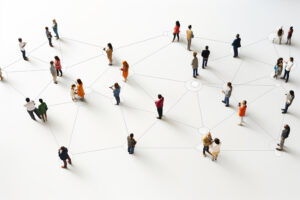 Aerial view of crowd people connected by lines social media and communication concept Top view of men and women isolated on white background with shadows Staying online internet technologies - Webtonic Diverse people standing at connected nodes on a white background, illustrating a social network.