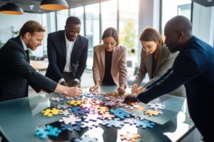 Group of six colleagues standing around a glass table, assembling a colorful jigsaw puzzle in a bright office space.