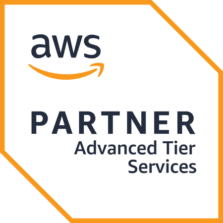 AWS Partner Advanced Tier Services badge with an orange outline, featuring the AWS logo and the word PARTNER