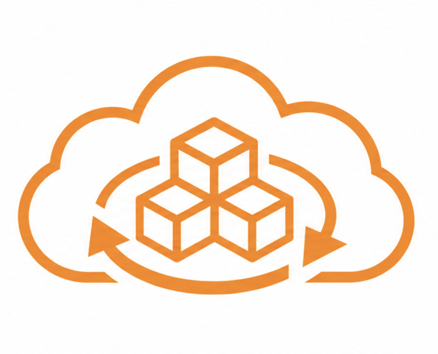 Auto - Webtonic - Webtonic Orange cloud icon containing three interconnected cubes with circular arrows around, symbolizing cloud data storage and synchronization/replication.