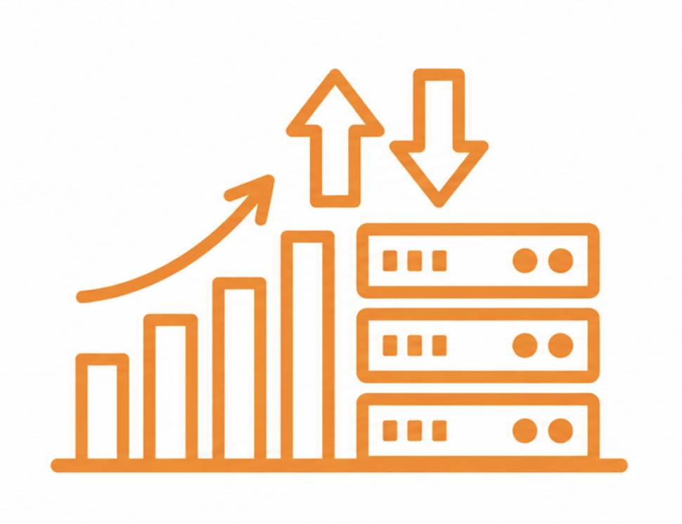 Cloud - Webtonic - Webtonic Orange line illustration of a rising bar chart beside three stacked servers, representing data growth and computing resources, with upward and downward arrows above.